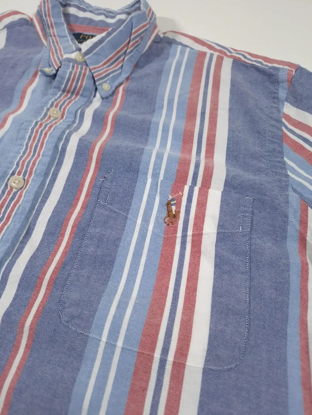 Polo Ralph Lauren Shirt Mens L Blue Stripe Custom Fit S/S Button Down Flesh Pony